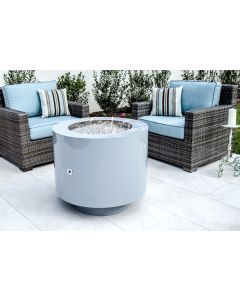 Round Powder coated fire pit with clear fire beads in the 21 inch diameter stainless steel fire bowl.  Flames are emitting from the fire bowl.