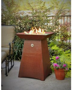 34 inch tall gas fueled garden torch.  Cor-Ten steel construction.  Fire bowl holds fire glass, fire beads or lava rock.  Available in natural gas, remote propane or hidden tank configurations.